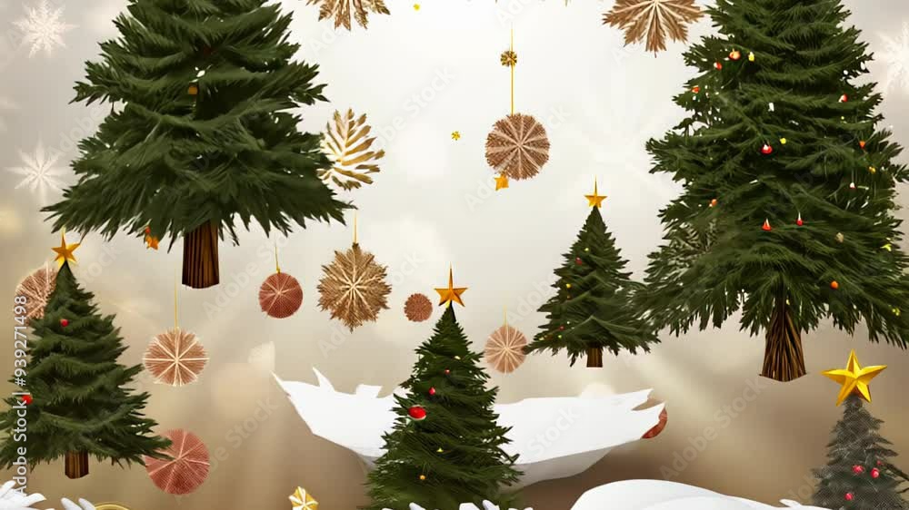 Poster background of falling trees decorated with toys on a monochromatic background concept: holidays and 