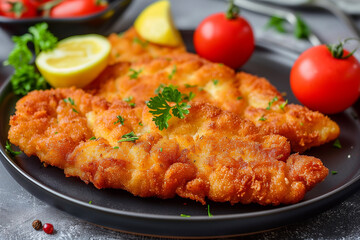 Breaded wiener schnitzel with potato fries and sauce. Oktoberfest dishes. 