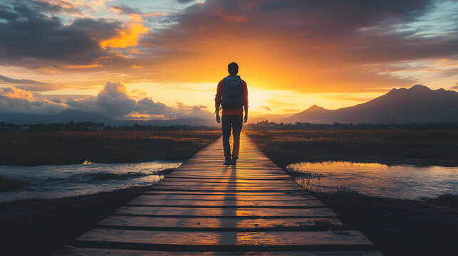 Silhouetted man standing on wooden pier overlooking tranquil lake at sunset with dramatic orange sky and mountain landscape, copy space