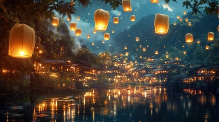 A whimsical scene of floating lanterns at night