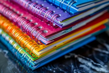 A set of spiral notebooks in different colors stacked neatly on a desk