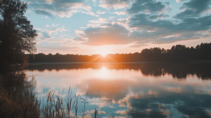Obraz premium Dreamy sunset over a still lake with soft clouds reflecting
