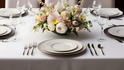 Wedding table setting with flowers. Generative Ai.