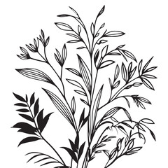 minimalist and aesthetic wall ornament design featuring botanical motifs. The design should be in black and white, emphasizing the contrast between the two colors. The plant patterns should be intrica