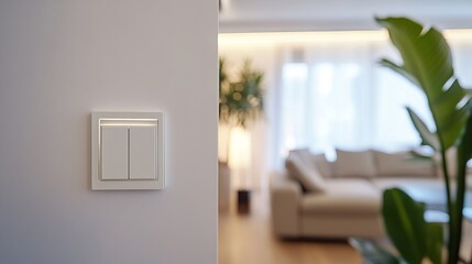 A light switch blends seamlessly into a white wall, adding a touch of modernity to a living room. 