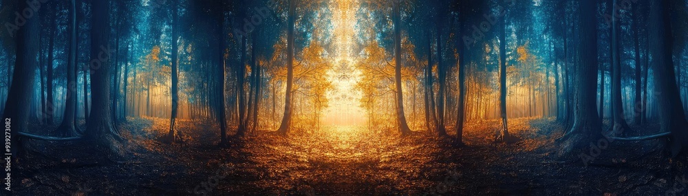 Poster enchanting forest scene illuminated by a warm glow, creating a mystical atmosphere of tranquility an