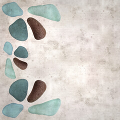 stylish textured old paper background with sea glass pebble pieces 
