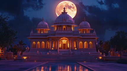Obraz premium A beautifully lit temple with the full moon overhead, a spiritual symbol of Sharad Purnima