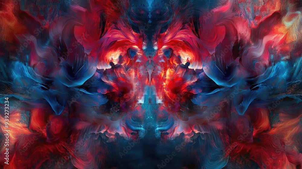 Poster a vibrant abstract composition showcasing swirling colors in red and blue, creating an energetic and
