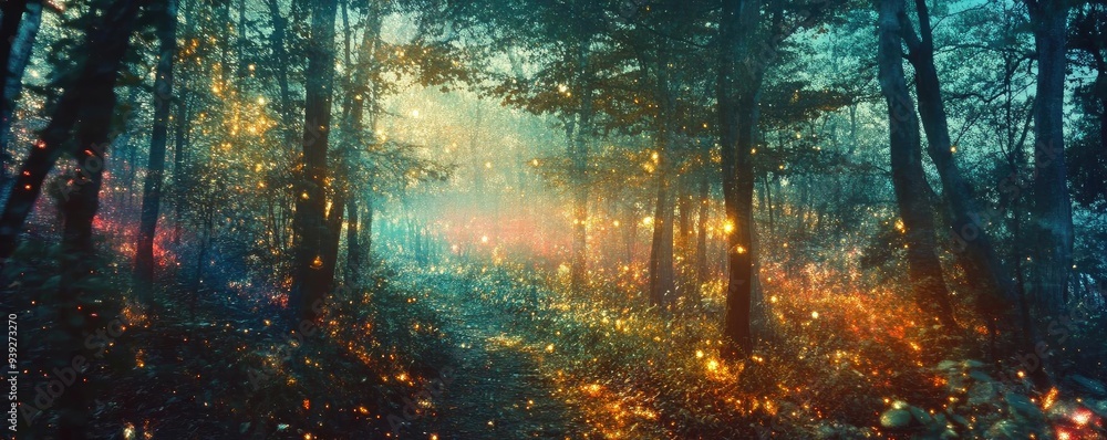 Poster enchanting forest with vibrant colors, illuminated by soft light, creating a magical and serene atmo