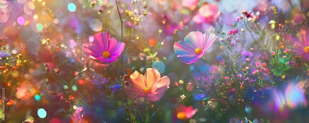Poster vibrant flowers in a colorful field, illuminated by soft light and shimmering bokeh, creating a drea