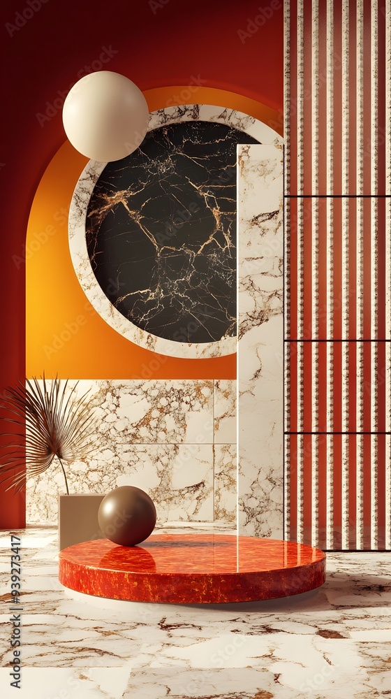 Poster 4. dynamic 3d render showcasing layered geometric elements against a rich ceramic circle backdrop