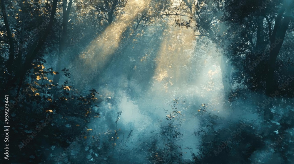 Poster a serene forest scene with ethereal light rays piercing through mist, creating a magical and peacefu