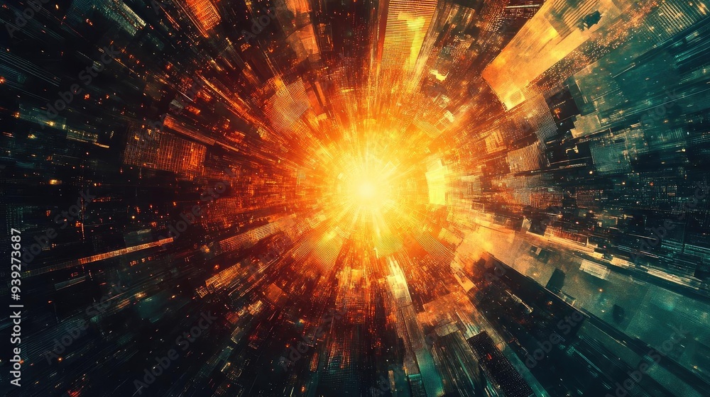 Poster a vibrant explosion of light and color showcasing dynamic energy and motion amidst a backdrop of abs