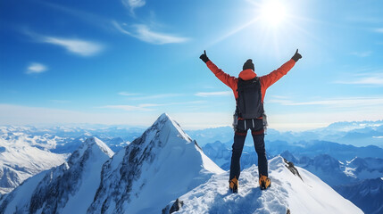 Triumphant hiker with arms raised on snowy mountain peak overlooking vast alpine landscape, copy space
