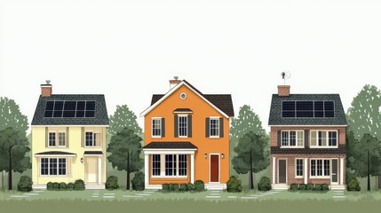 Vibrant Eco-Homes in Harmony, a lively animated scene showcasing a row of colorful eco-houses nestled in lush greenery, highlighting sustainable living benefits and energy efficiency features.