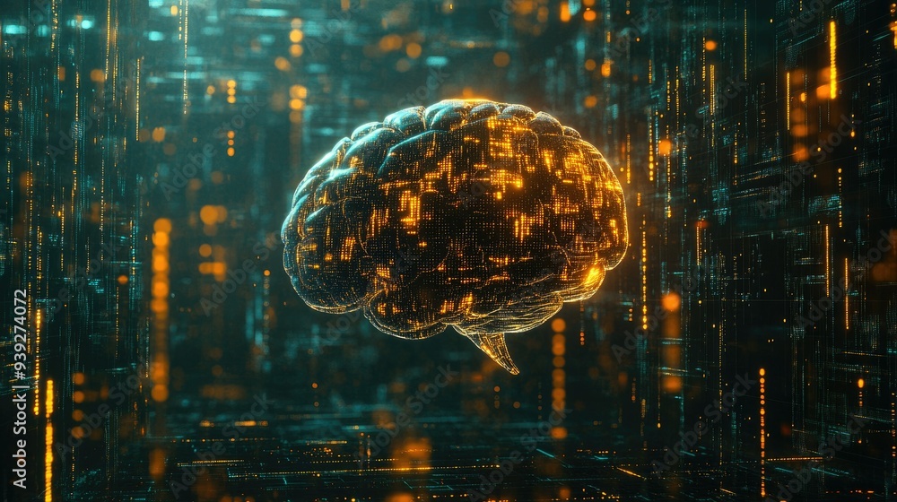 Poster a digital ai brain surrounded by glowing data streams, floating in a vast, cybernetic void