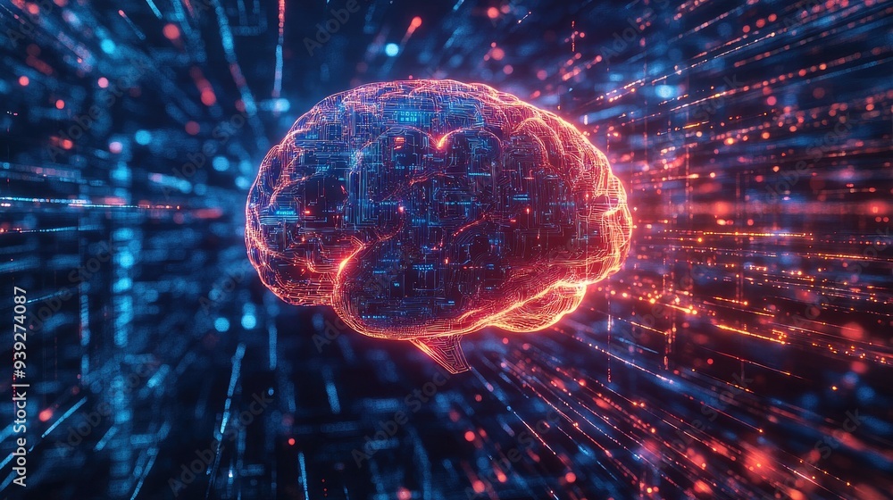 Poster a digital ai brain surrounded by glowing data streams, floating in a vast, cybernetic void