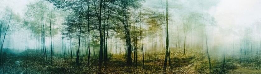 Obraz premium Serene forest scene shrouded in mist, capturing nature's tranquility with lush trees and soft light filtering through foliage.