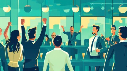 Illustration of a business conference with a celebratory atmosphere. 