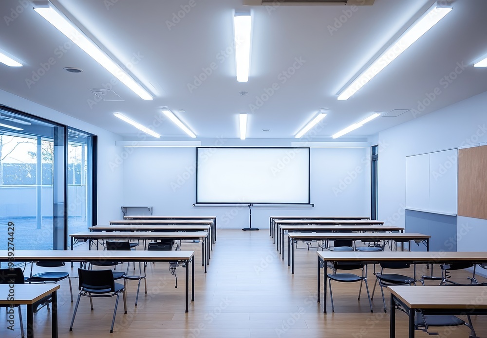 Poster empty classroom with whiteboard and projector screen
