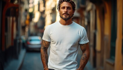 Fototapeta premium A handsome man with a beard is standing in the street.