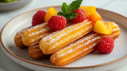 A plate of churros dusted with powdered sugar and topped with raspberries and peach slices.