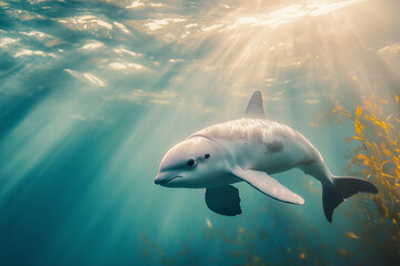 Obraz premium Portrait of endangered Vaquita swimming underwater