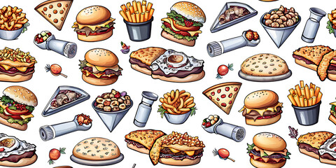 Dynamic fast food, featuring a mix of popular fast food items and vibrant.