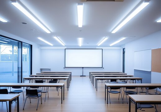 Empty Classroom with Whiteboard and Projector Screen