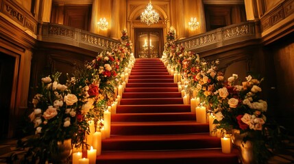 Obraz premium A grand staircase decorated with flowers and candles, leading to an opulent ballroom for a gala