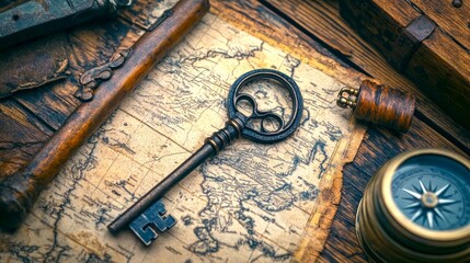 A vintage key rests on an old map filled with adventure. Explore the historical richness and timeless allure of exploration. Perfect for themes of mystery and discovery. AI