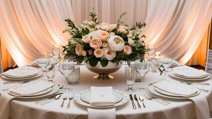 Wedding table setting with flowers. Generative Ai.