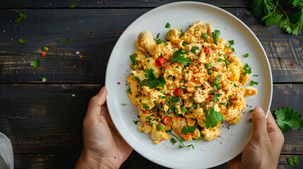 Chef is holding a plate of scrambled eggs with herbs and spices, ready to be served