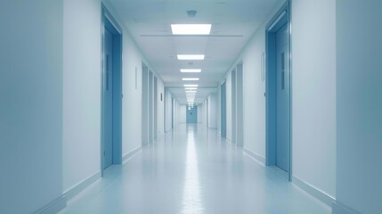 A pristine, well-lit hospital hallway characterized by bright white walls, sleek floors, and an array of closed doors, suggesting a calm, clinical environment.