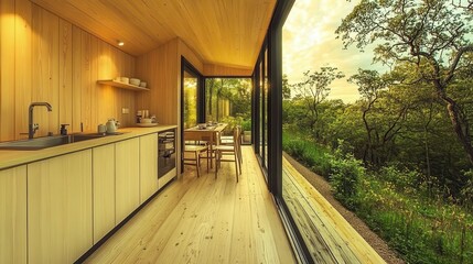 Eco-friendly compact home featuring minimalist decor, expansive windows for ample natural light, and a harmonious blend of sustainability and contemporary living.