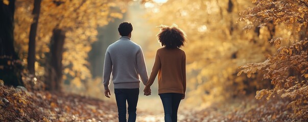 Couple holding hands and walking on a forest path in autumn
