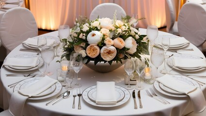 Wedding table setting with flowers. Generative Ai.