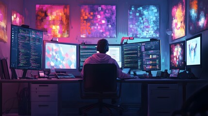 A digital art composition of an AI designer, seen from behind as they work on their computer at the desk in front of them