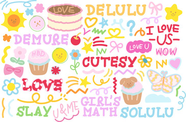 Cute illustrations of butterfly, cake, cupcake, flower, sun, girl's power font, women empowerment, heart for sweet dessert, cafe decoration, cute patches, brooch, font, campaign badges, emoji, logo