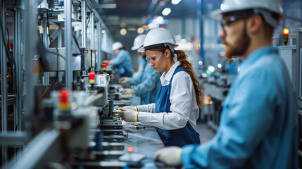 Factory workers assembling products on a production line, with machines and tools in the foreground