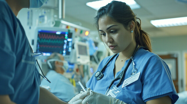 A nurse assisting in a hospital room, holding medical instruments while caring for a patient