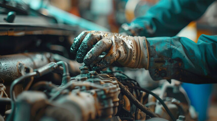 A mechanic repairing a car engine, with grease-covered hands and tools spread across the workspace