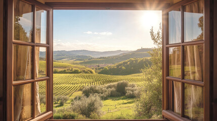 Scenic vineyard landscape viewed through an open window at sunset