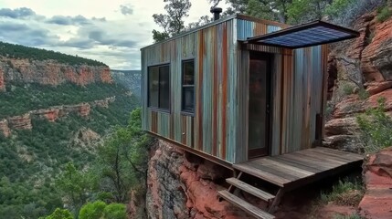 Sustainable Tiny Home, a compact eco-friendly dwelling featuring minimalist architecture, adorned with a solar roof for energy efficiency and a harmonious lifestyle.