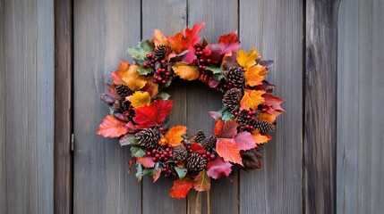 A Thanksgiving wreath made of autumn leaves, berries, and pinecones hanging on a rustic door