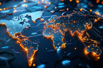 Fototapeta premium A map of the world with orange and blue lights connecting cities, in a dark background