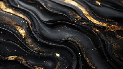 Abstract flowing marble textures in shades of black and gold. Undulating surfaces mimic the appearance of obsidian, creating a luxurious and sophisticated aesthetic in 3D illustration. 