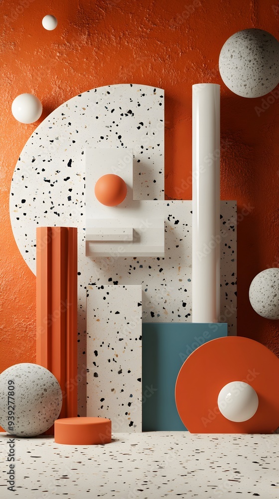Poster 1. abstract 3d render featuring geometric shapes with a circle ceramic backdrop