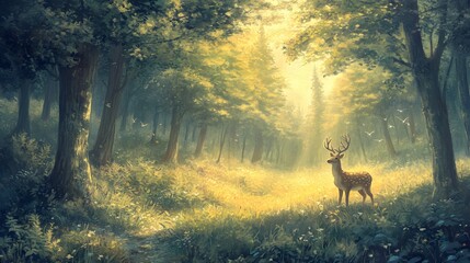 A roe deer in a lush forest surrounded by trees and grass